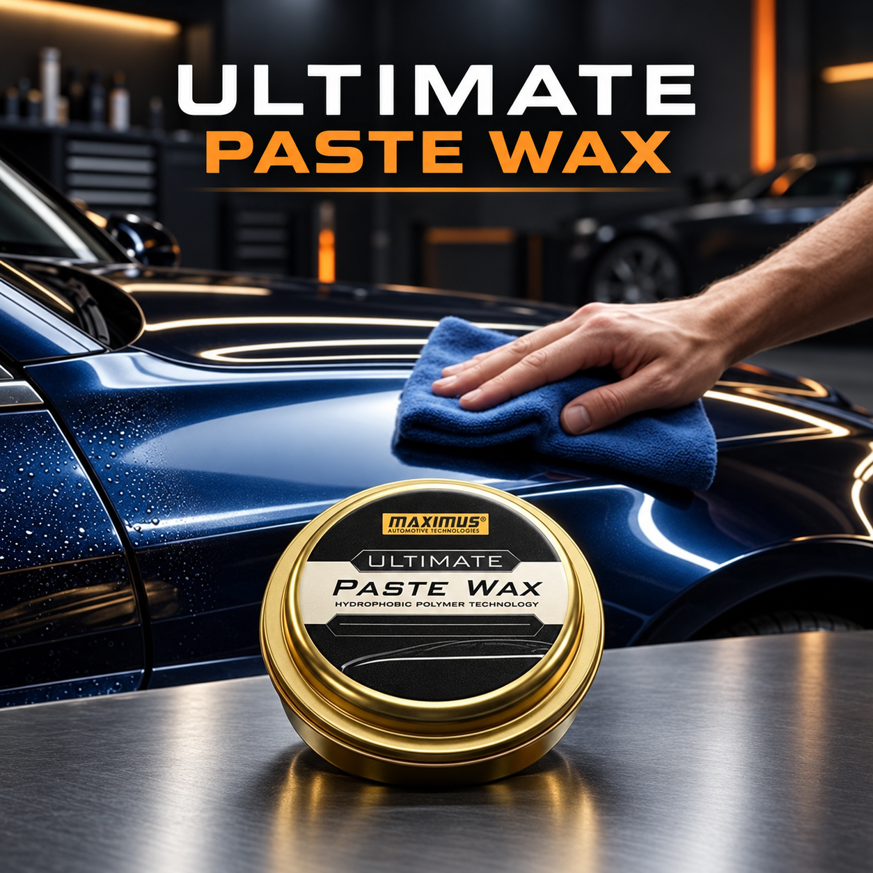 Maximus Ultimate Paste Wax gold tin with blue microfiber cloth